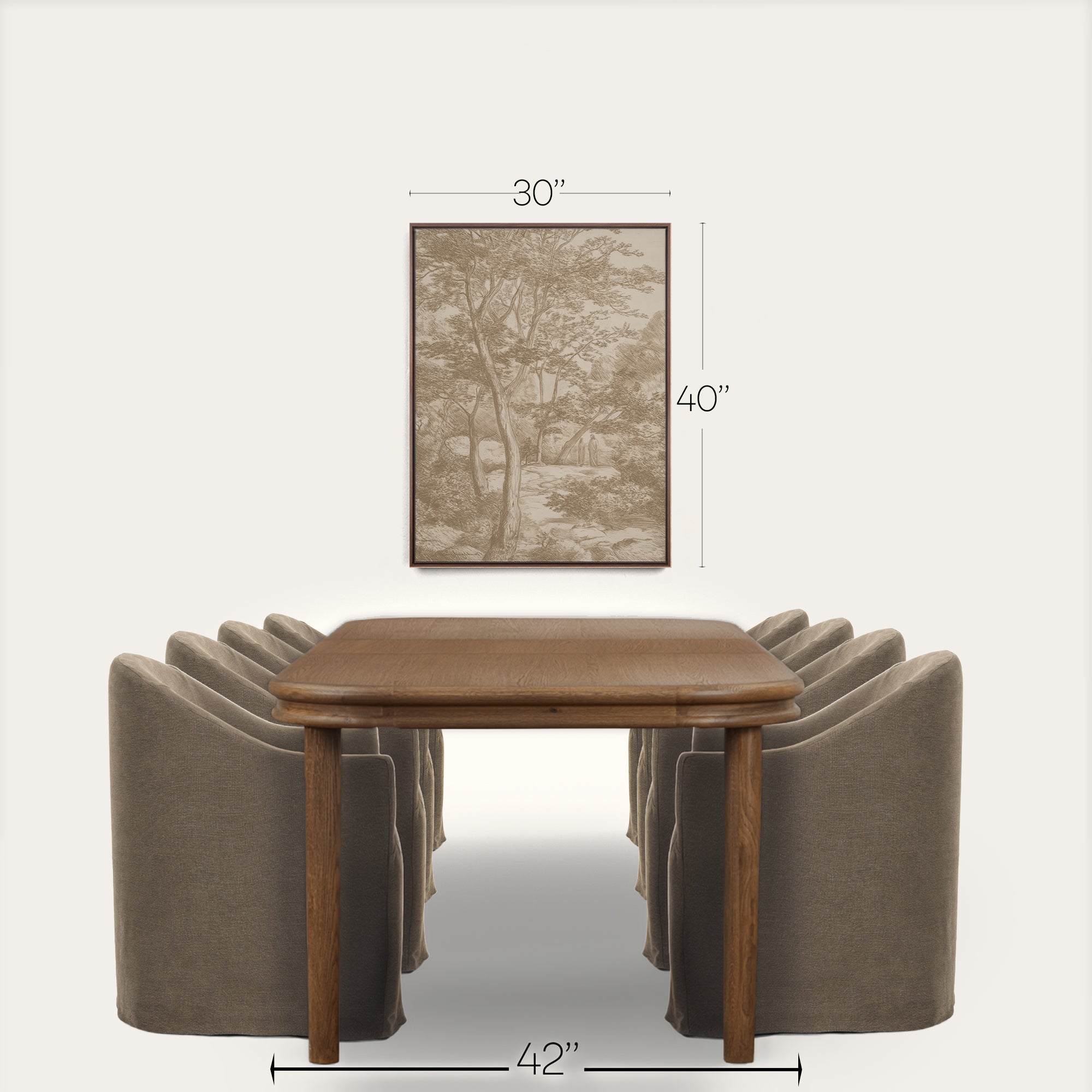 A dining table set with eight upholstered chairs in a warm brown wood tone, shown against a light neutral background with dimension callouts indicating a 42 by 30 inch wall art size above the table. 