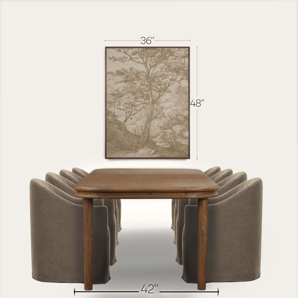 A framed wall art print showing a sepia-toned tree landscape, displayed above a wooden dining table and upholstered chairs. Measurement labels indicate 36 inches wide by 48 inches tall for the artwork, with the table shown as 42 inches wide. 