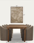 a framed wall art print showing a sepia-toned tree landscape, displayed above a wooden dining table and upholstered chairs. measurement labels indicate 36 inches wide by 48 inches tall for the artwork, with the table shown as 42 inches wide. 