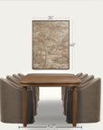 a framed sepia-toned landscape art print is shown above a wooden dining table and upholstered chairs, with dimension labels indicating 36 inches wide by 48 inches tall. 