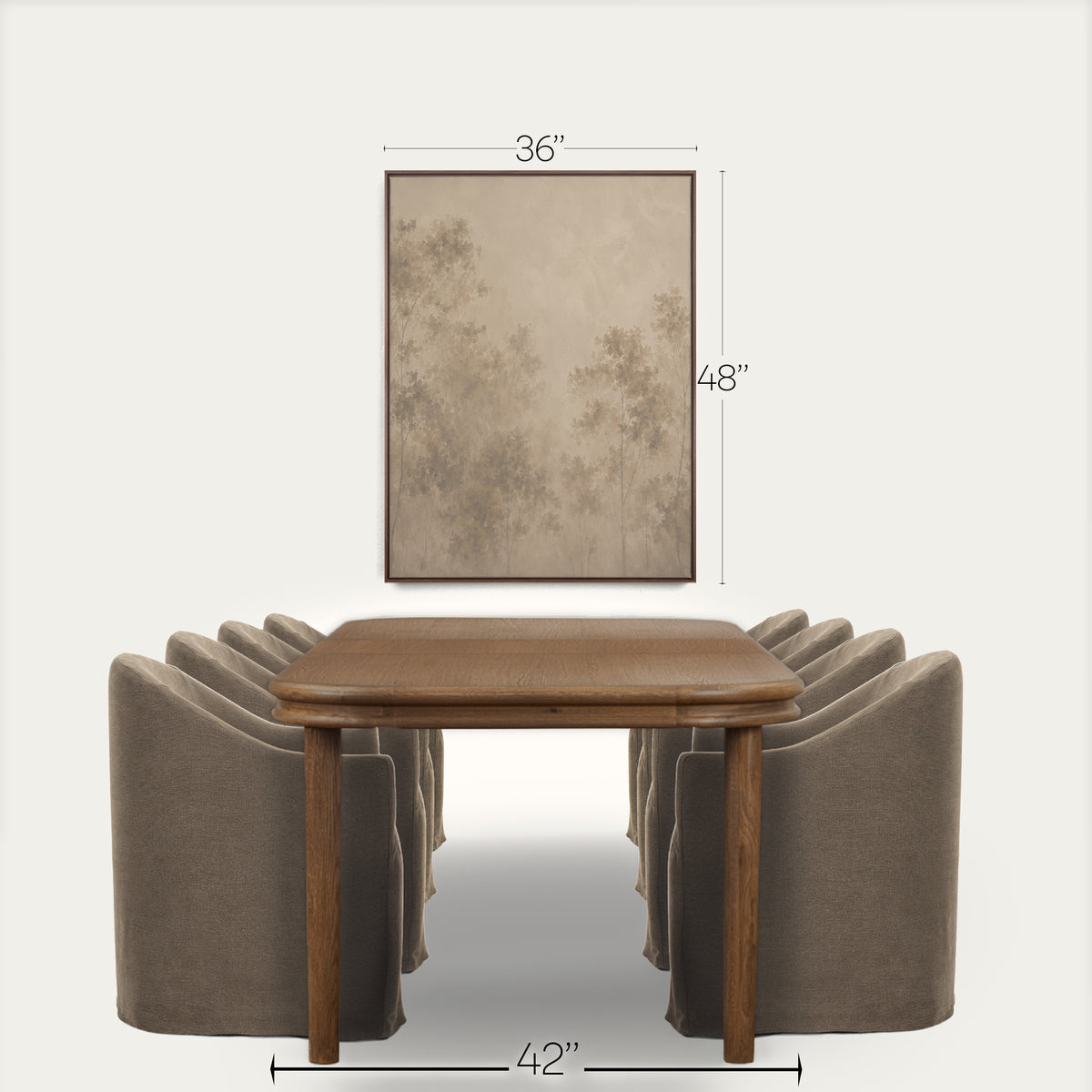 A dining table set with upholstered chairs shown below a framed wall art piece, with dimension labels indicating 36 inches wide, 48 inches tall, and 42 inches deep on a light neutral background. 