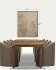 a dining table set with upholstered chairs shown below a framed wall art piece, with dimension labels indicating 36 inches wide, 48 inches tall, and 42 inches deep on a light neutral background. 