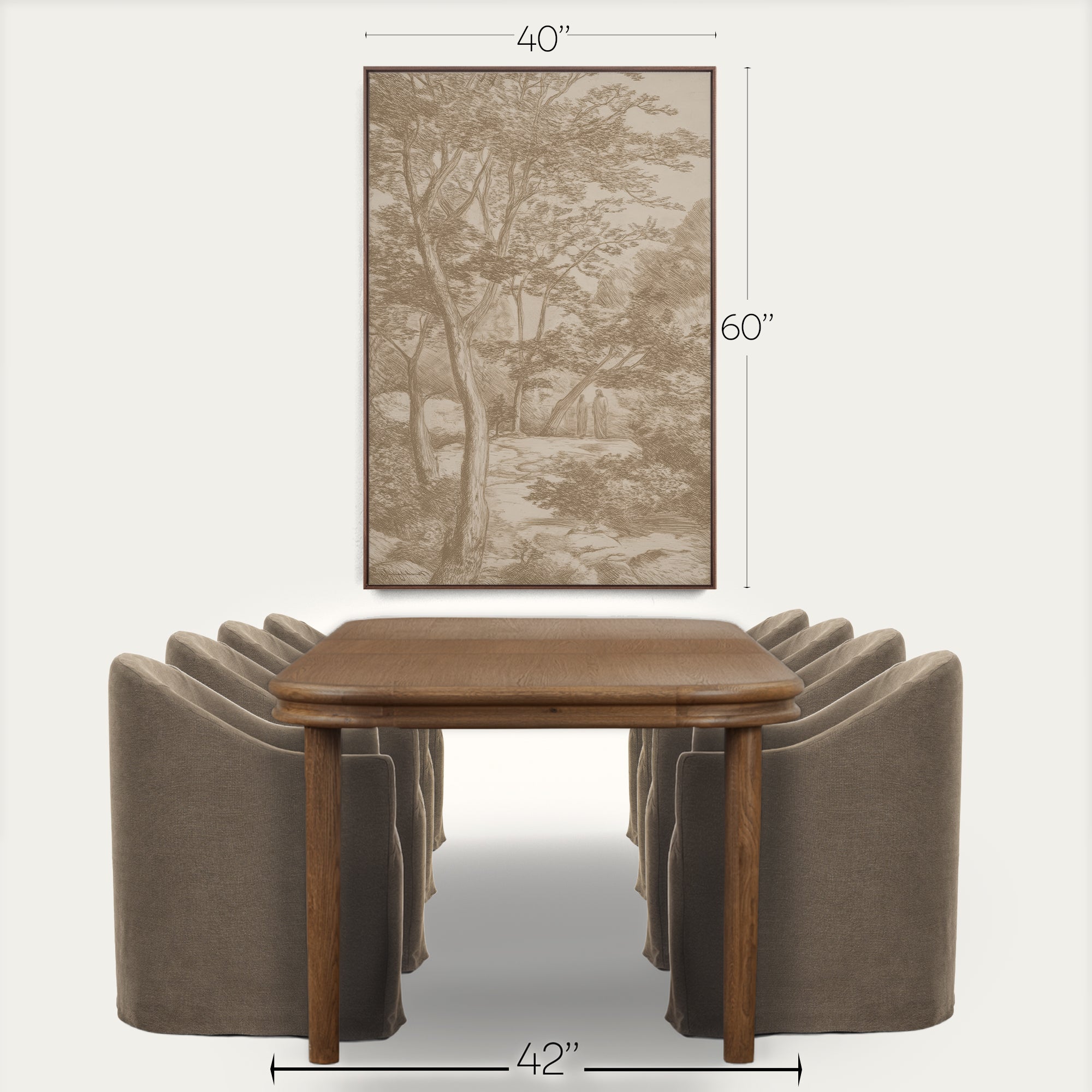 A framed vertical wall art print showing a sepia-toned forest landscape, displayed above a dining table and chairs with dimension labels reading 40 inches wide, 60 inches tall, and 42 inches from the table front. 
