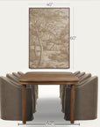 a framed vertical wall art print showing a sepia-toned forest landscape, displayed above a dining table and chairs with dimension labels reading 40 inches wide, 60 inches tall, and 42 inches from the table front. 