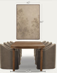 a dining room scene showing a rectangular wooden table with upholstered chairs, plus a large framed wall art piece above. black dimension lines and text indicate the wall art is 40 by 60 inches, and the table is 42 by 42 inches. 