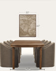 a dining table set with eight upholstered chairs in a warm brown wood tone, shown against a light neutral background with dimension callouts indicating a 42 by 30 inch artwork above and 42 inch width below the table. 