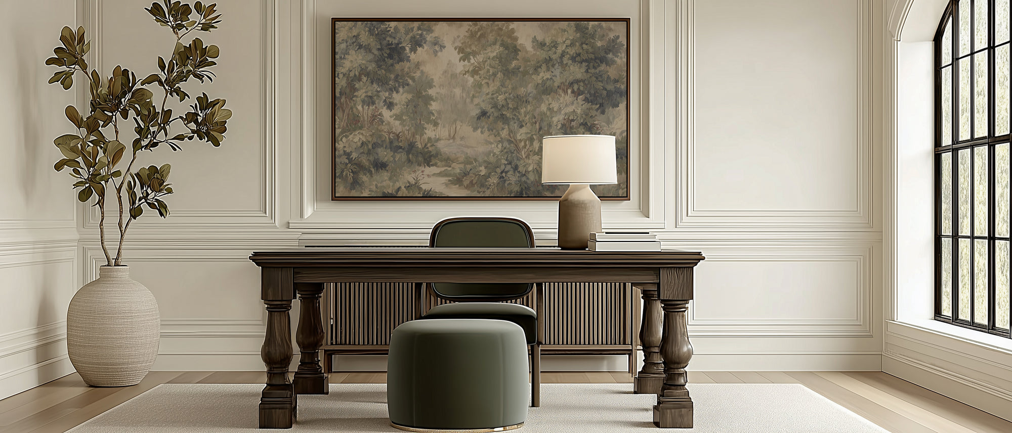 Home office with wooden desk, chair, and lamp in a room with large window and decorative wall art.