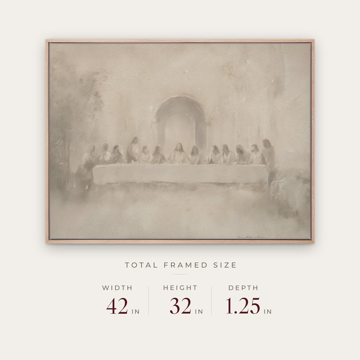 The Last Supper in a light oak floater frame with its total framed size listed below: 42 inches wide, 32 inches high, and 1.25 inches deep. #Oak #40x30