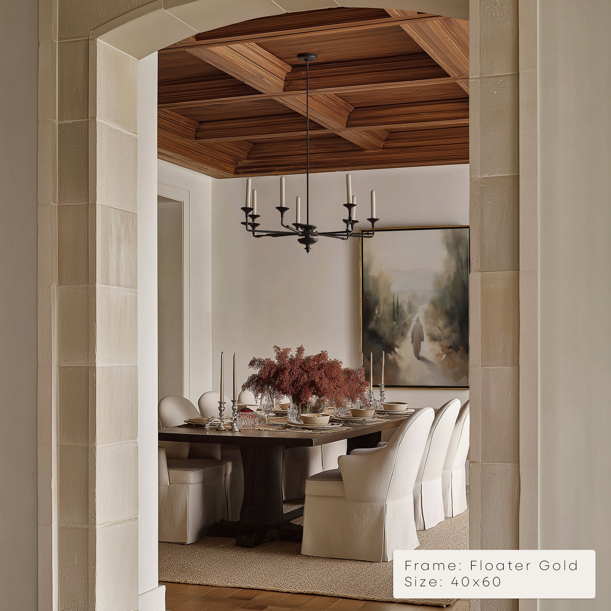 Dining room with wooden ceiling and a framed artwork on the wall.