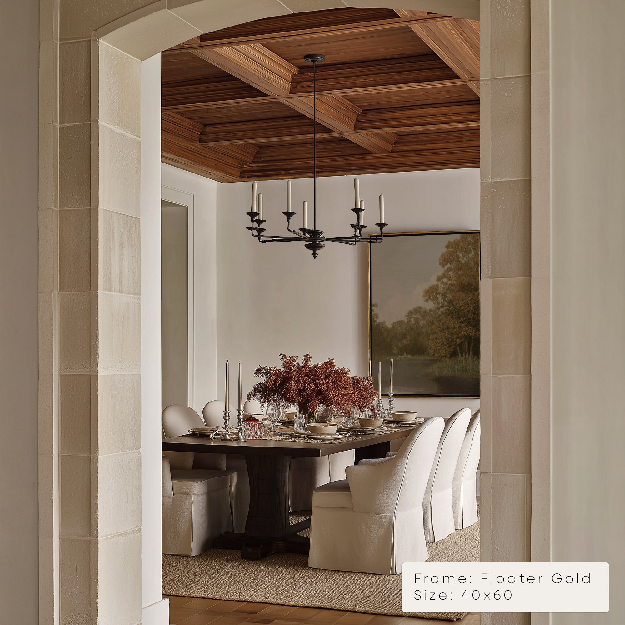 Dining room with a table set for dinner, framed artwork on the wall, and a chandelier. __lifestyleImage