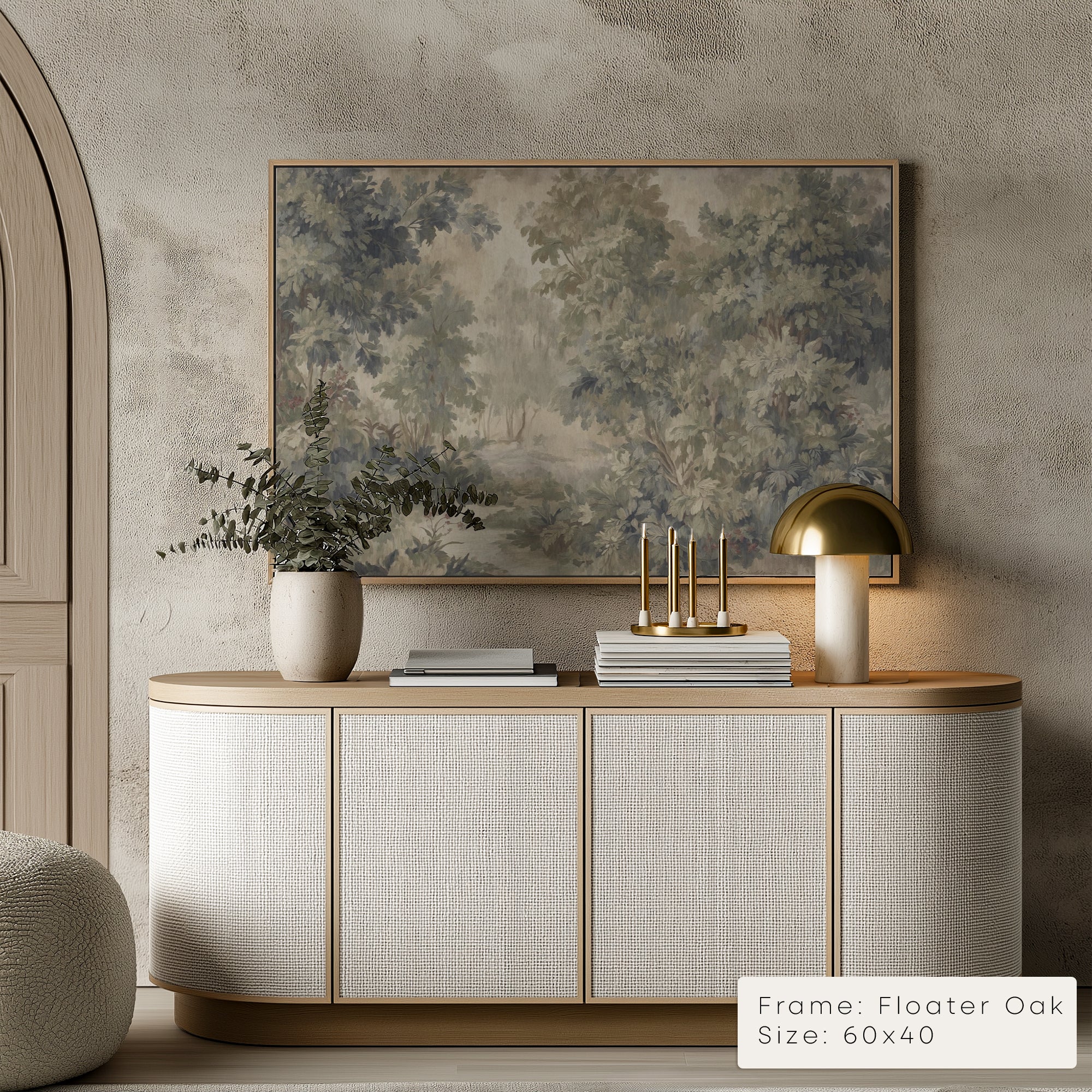 Modern interior with a sideboard, decorative items, and a large framed painting on a textured wall.