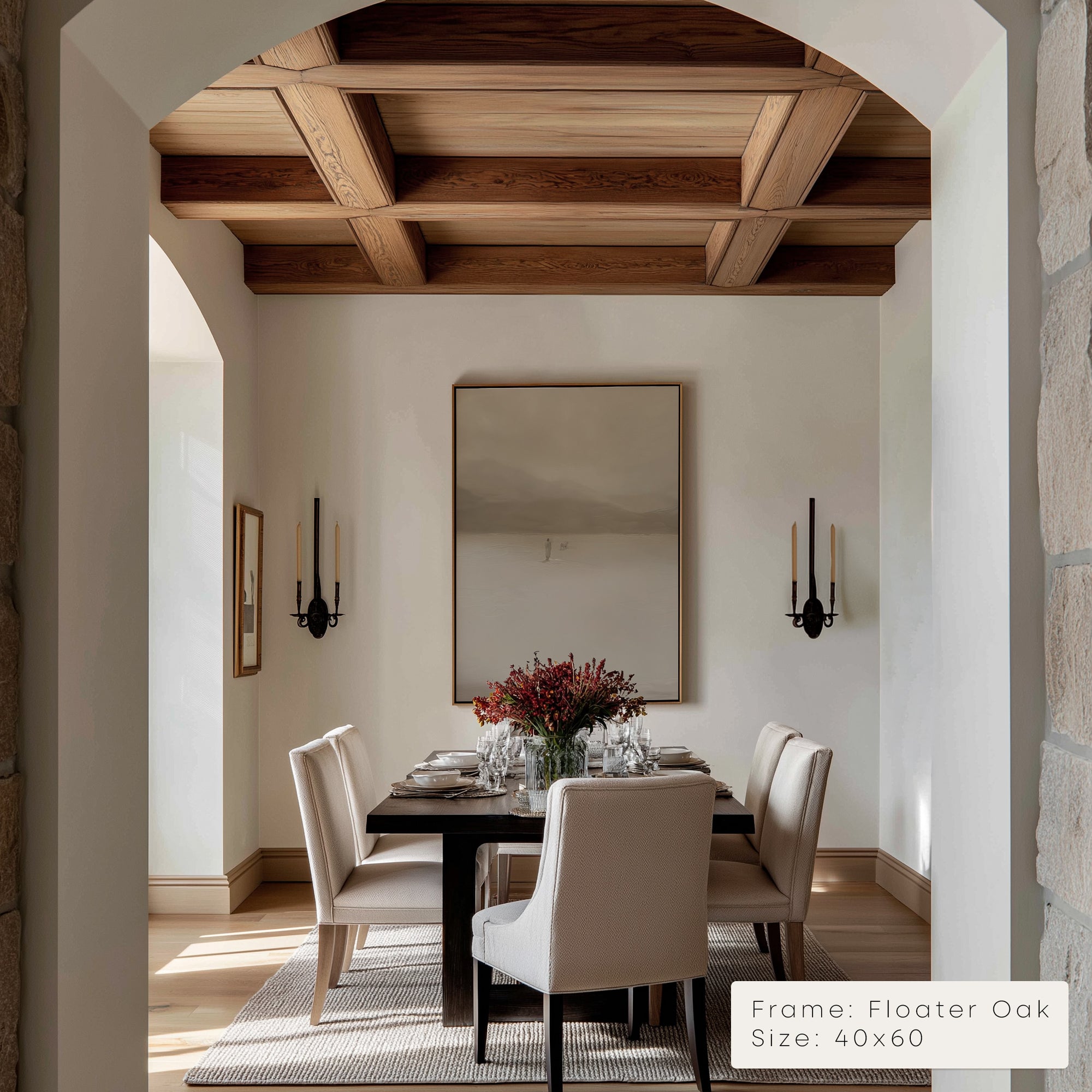 Dining room with wooden coffered ceiling, table, chairs, and a large mirror.