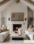 living room with stone fireplace, white sofas, and decorative elements. __lifestyleimage