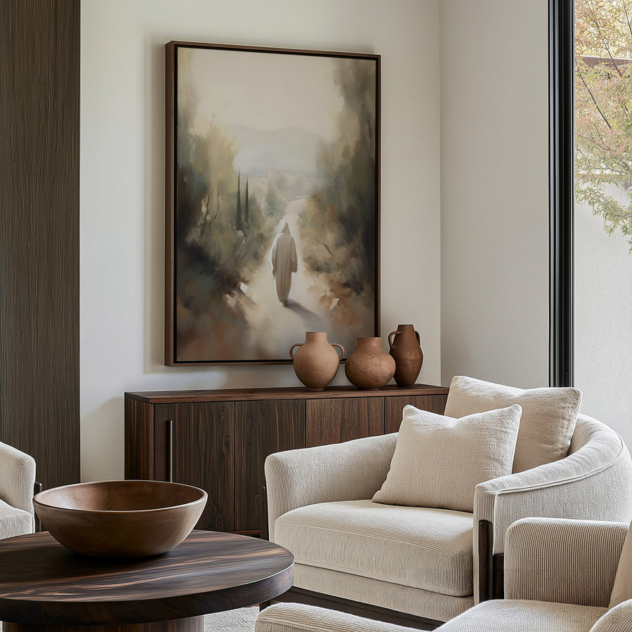 Shown in a floater Walnut frame in size 30x40
