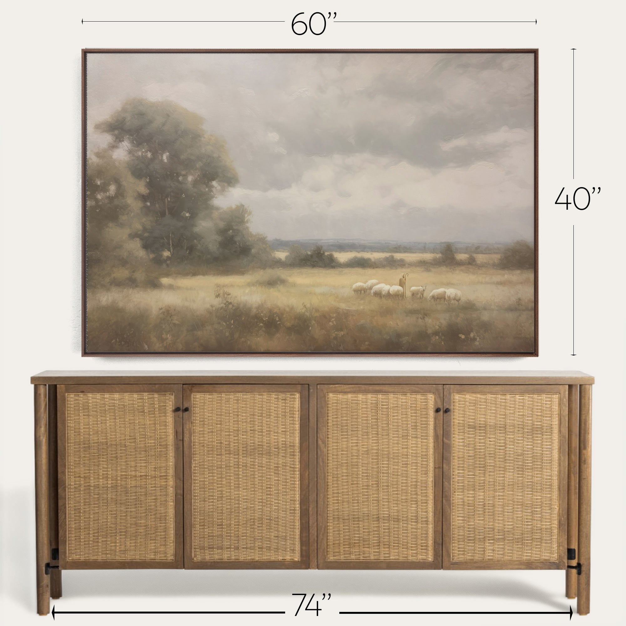 Wooden sideboard with wicker doors and a framed landscape painting above it, showing dimensions. 