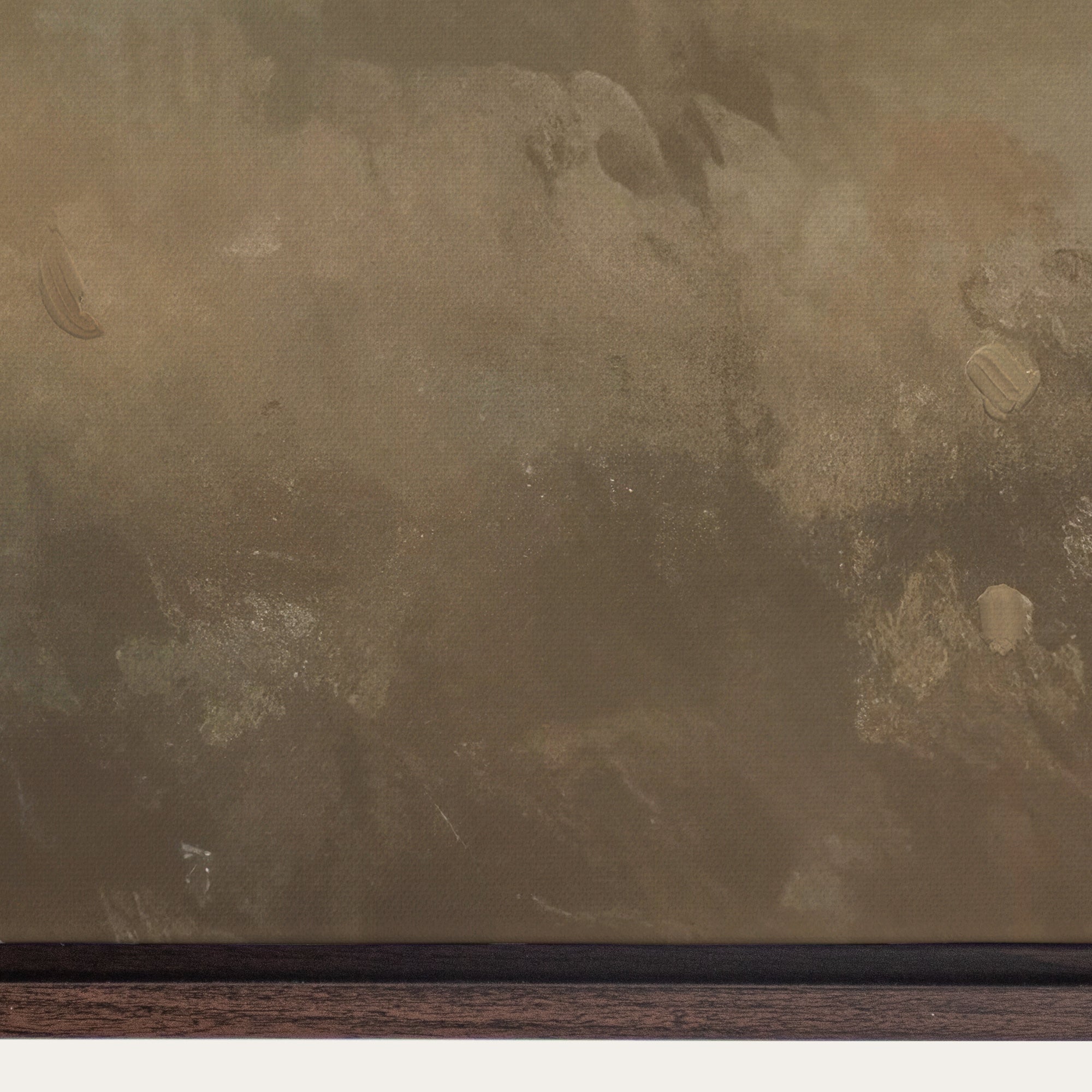 Closeup of a painting that shows the gap between the canvas and the wooden frame. 