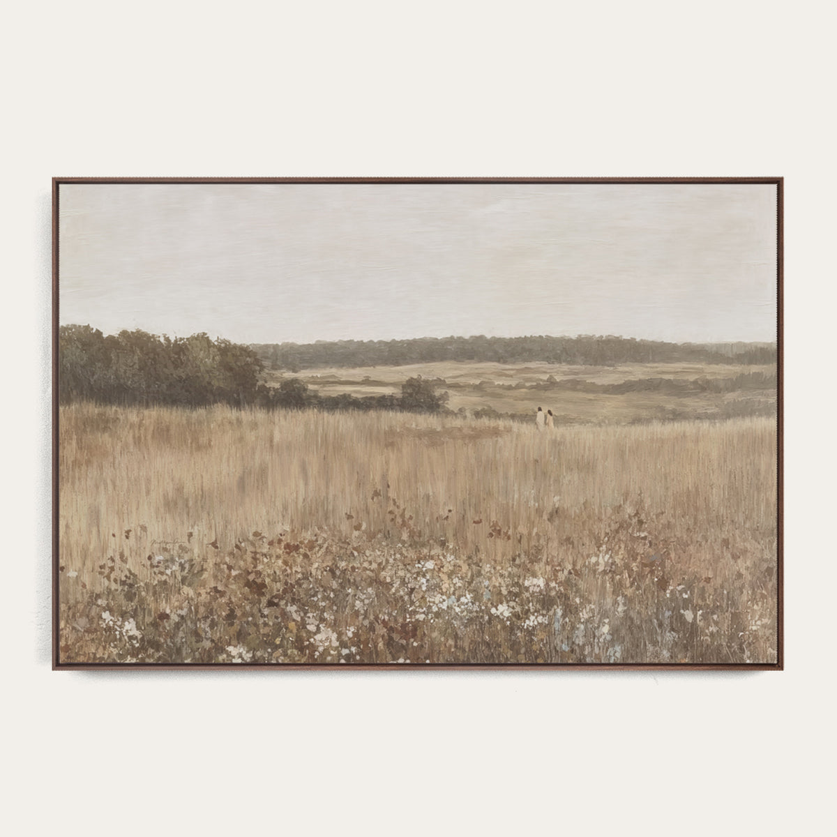 Framed landscape painting of a field with trees and sky. 