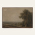 A framed landscape painting depicting a vast, misty valley with a large tree on the right and a distant river or waterway, shown against a plain off-white background. #Walnut