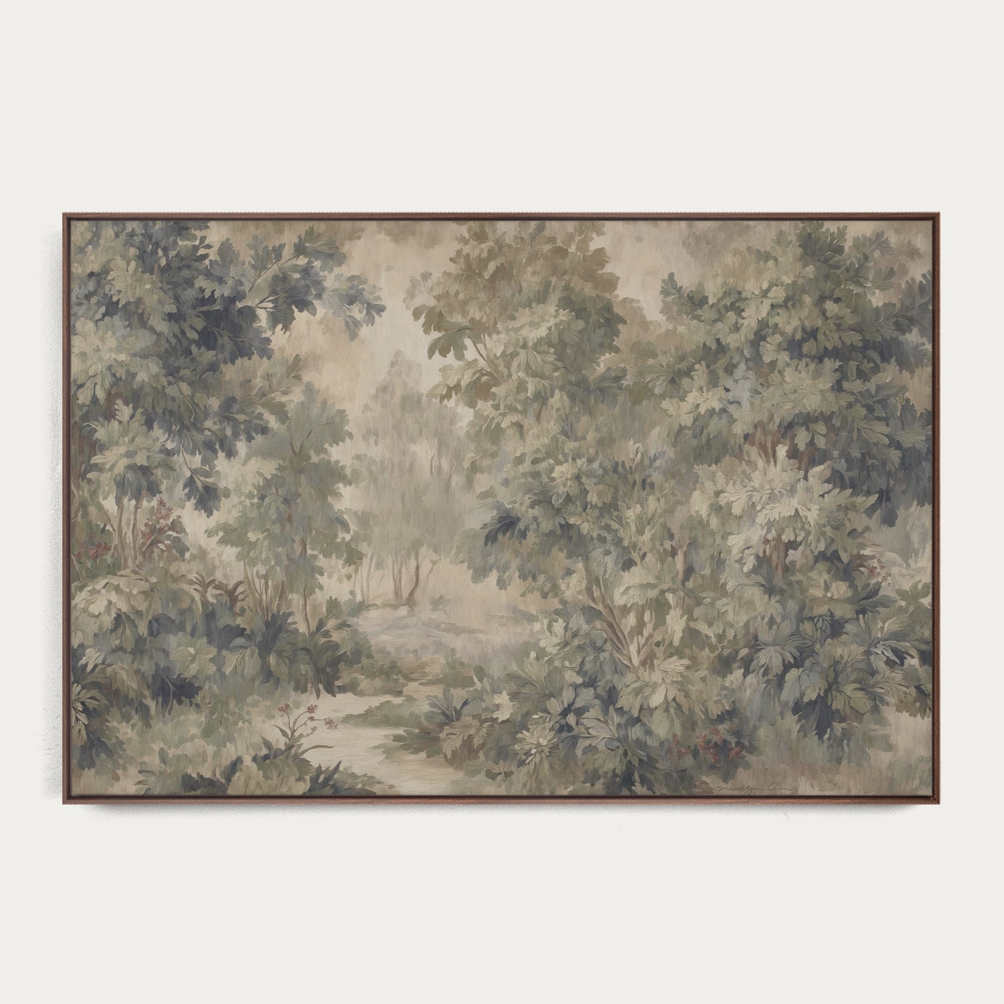 Framed artwork of a forest scene with trees and foliage on a plain background 