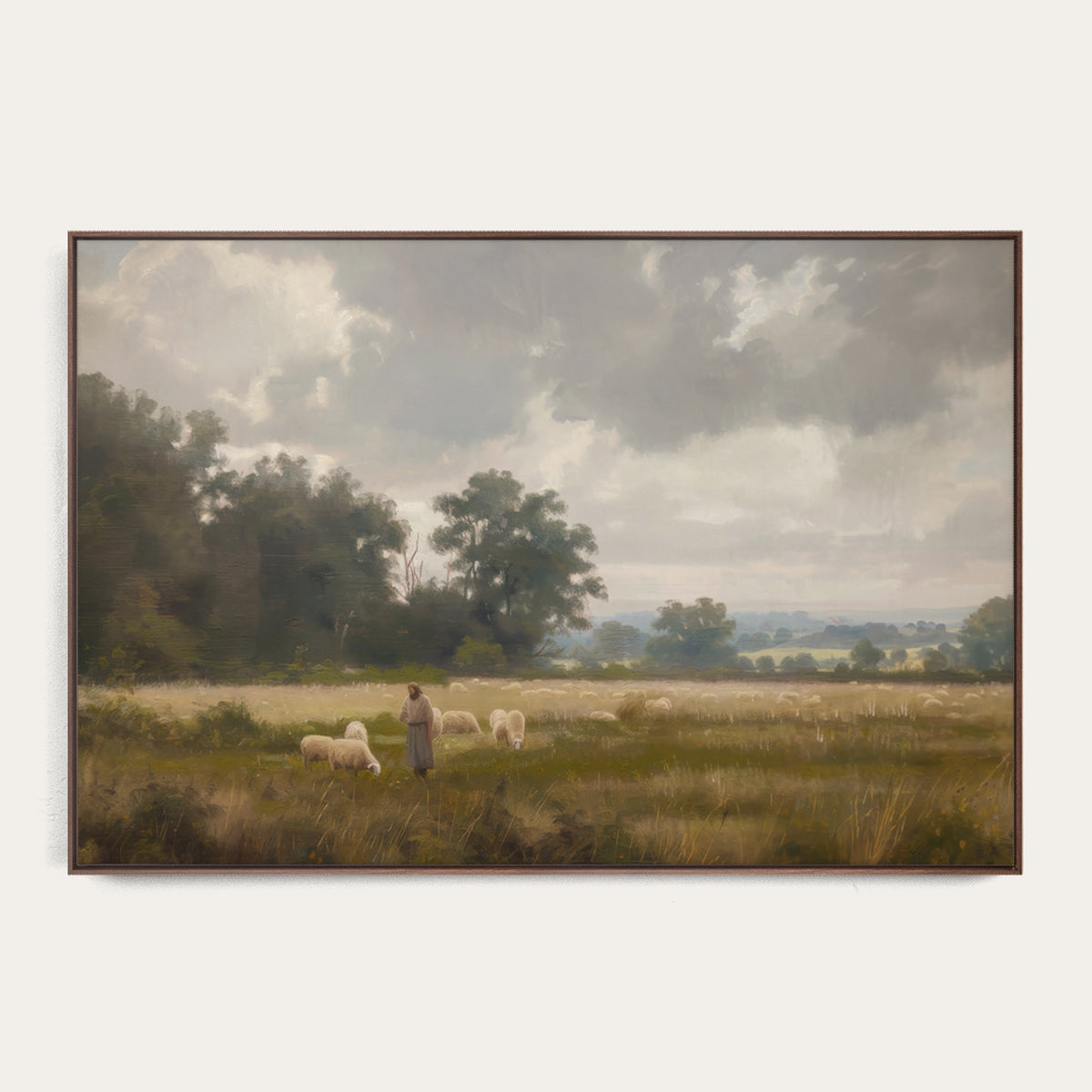 Framed artwork of a pastoral scene with a shepherd and sheep in a field. 