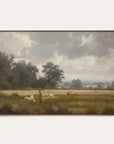 framed artwork of a pastoral scene with a shepherd and sheep in a field. 