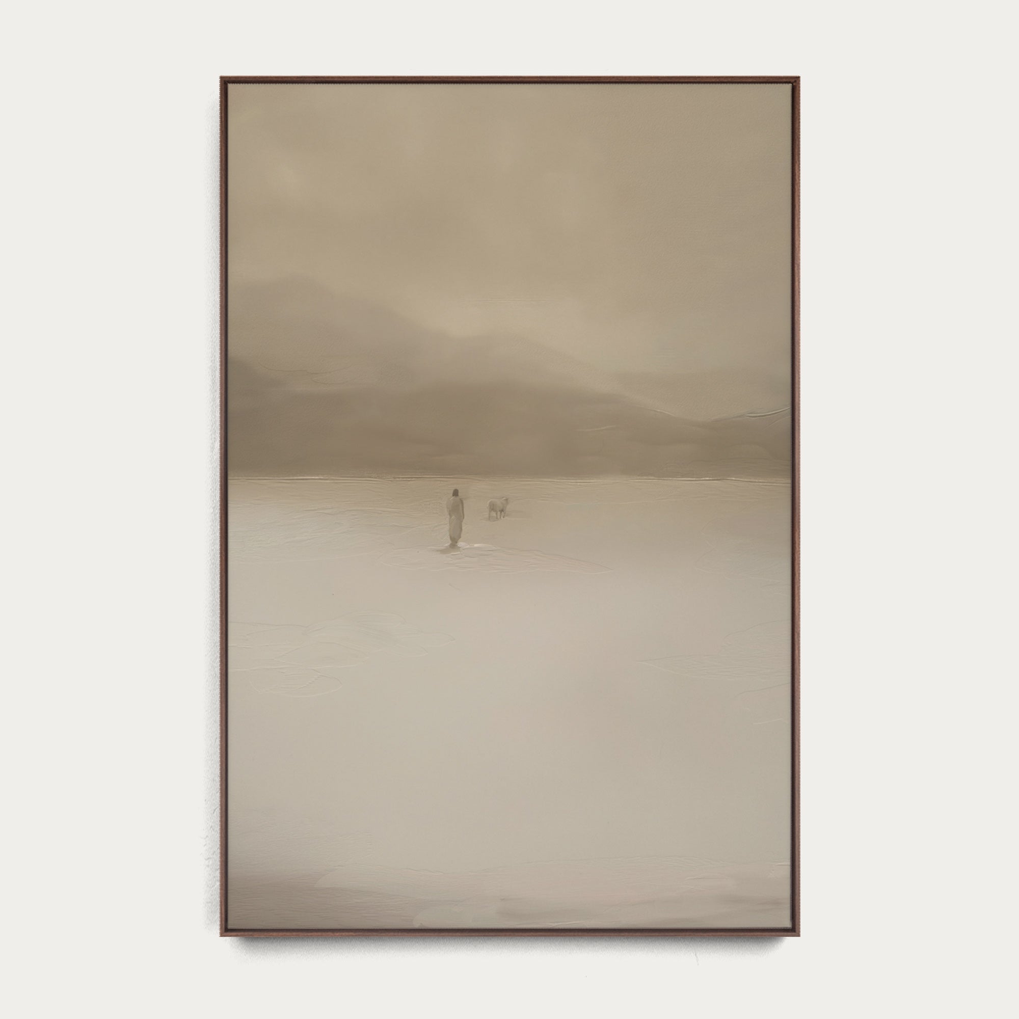 Framed artwork of a minimal landscape with a person and dog in a vast, misty field. 