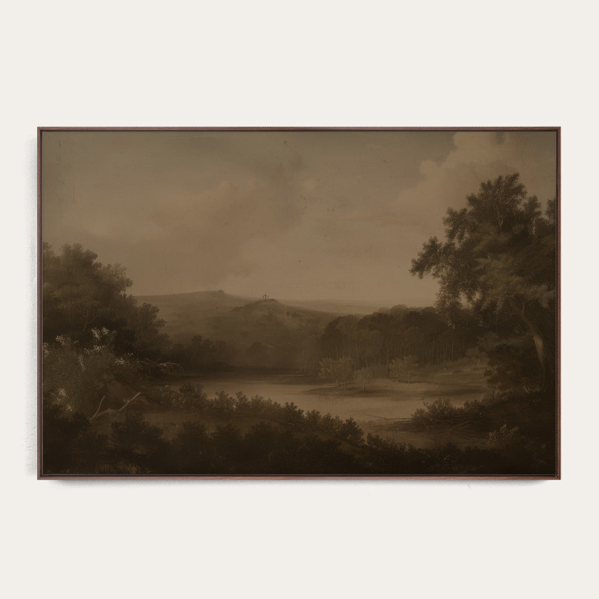 Sepia-toned landscape painting with trees and a river on a plain background 