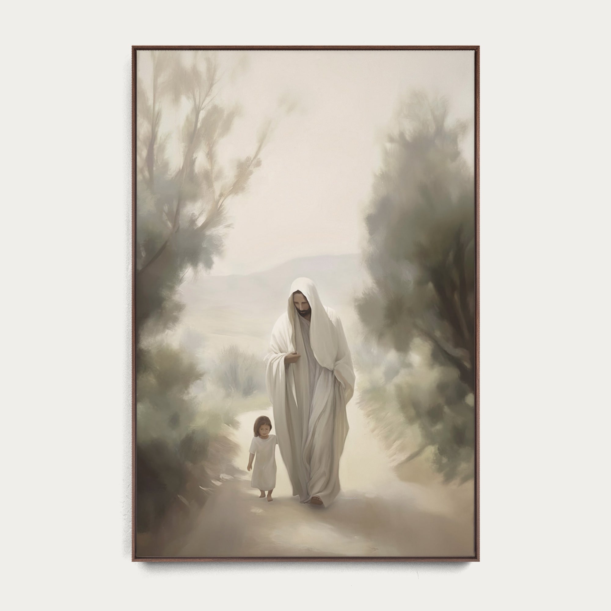 Framed artwork of a Jesus in a white robe walking with a child through a misty forest. 