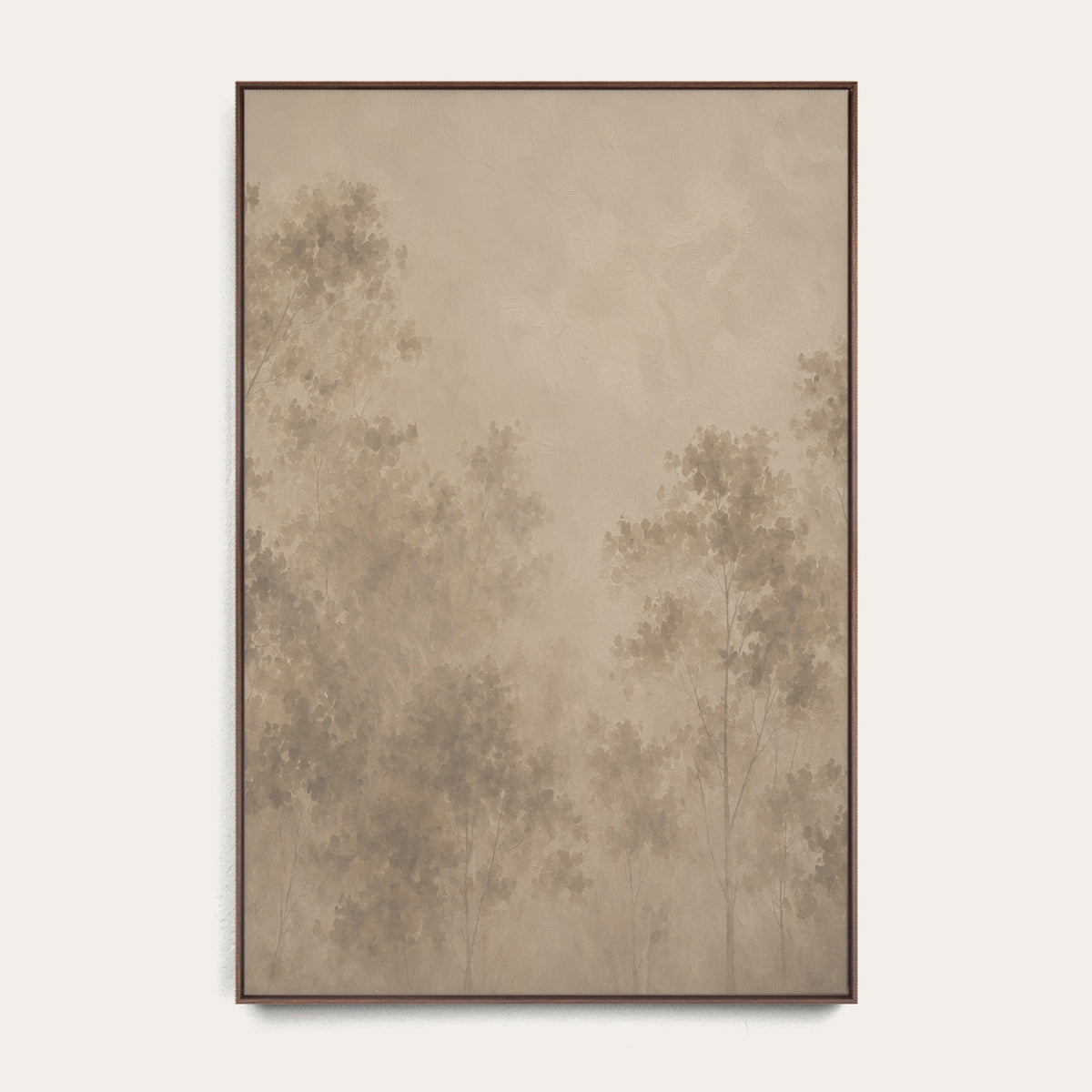 A framed vertical art print featuring a muted, minimalist forest scene in warm beige and brown tones, displayed against a clean off-white wall. 