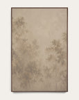 a framed vertical art print featuring a muted, minimalist forest scene in warm beige and brown tones, displayed against a clean off-white wall. 