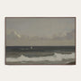 Framed artwork of a coastal scene with waves and mountains. #Walnut