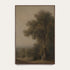 A framed landscape painting featuring a large tree with a small group of figures near its base, set against a muted beige sky and distant hills, shown hanging on a light wall. #Walnut