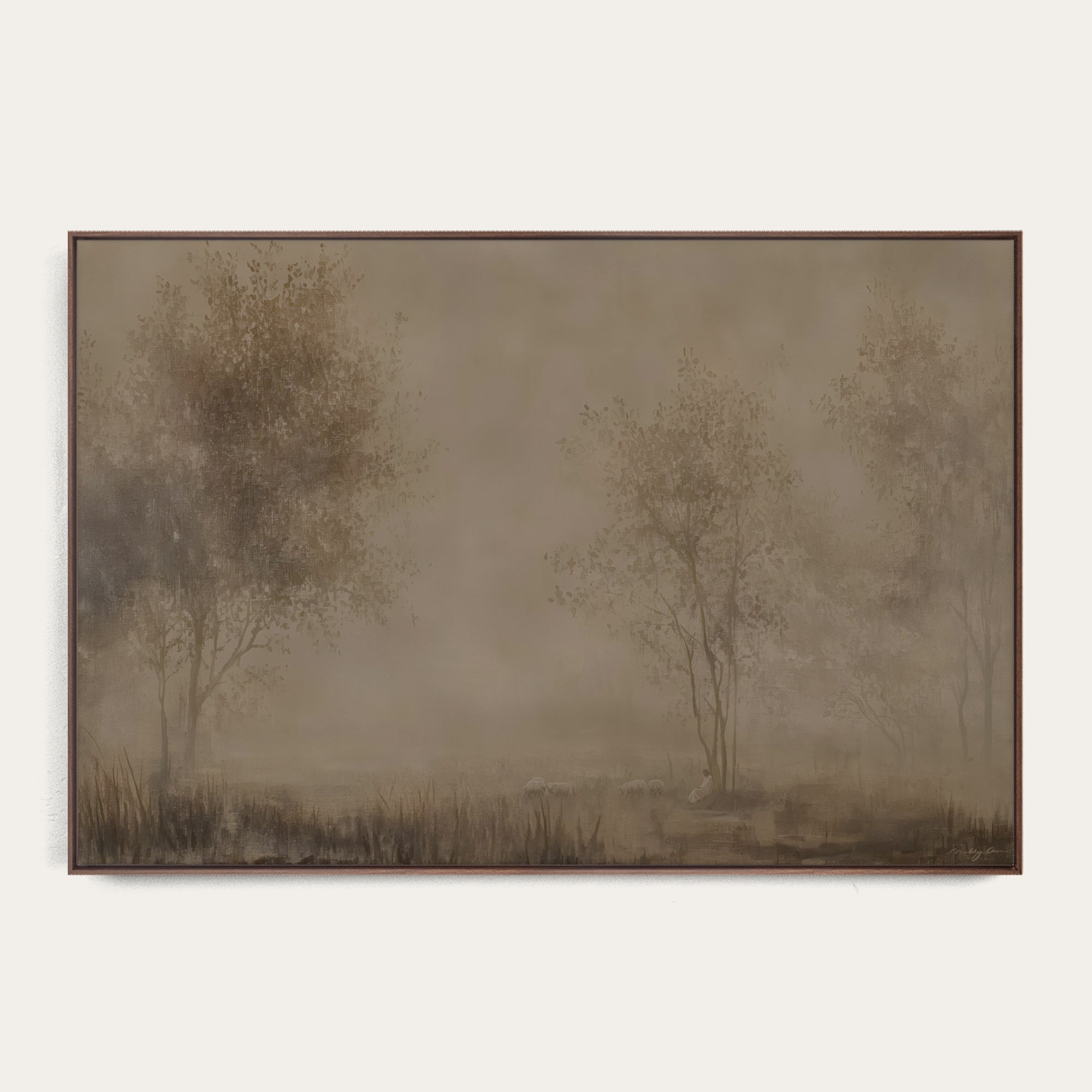 Framed artwork of trees in a misty landscape on a white background 