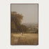 Framed painting of a landscape with a person walking on a path in a field. #Walnut