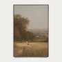 Framed painting of a landscape with a person walking on a path in a field. #Walnut