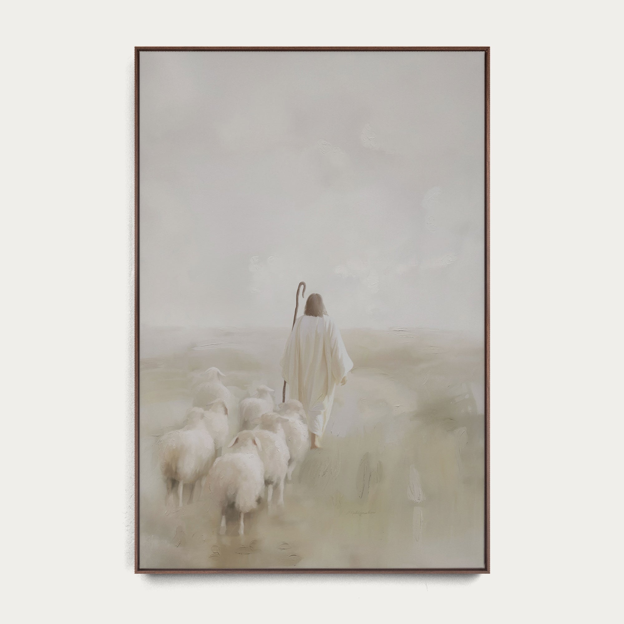 Framed artwork of a shepherd with sheep in a misty landscape 
