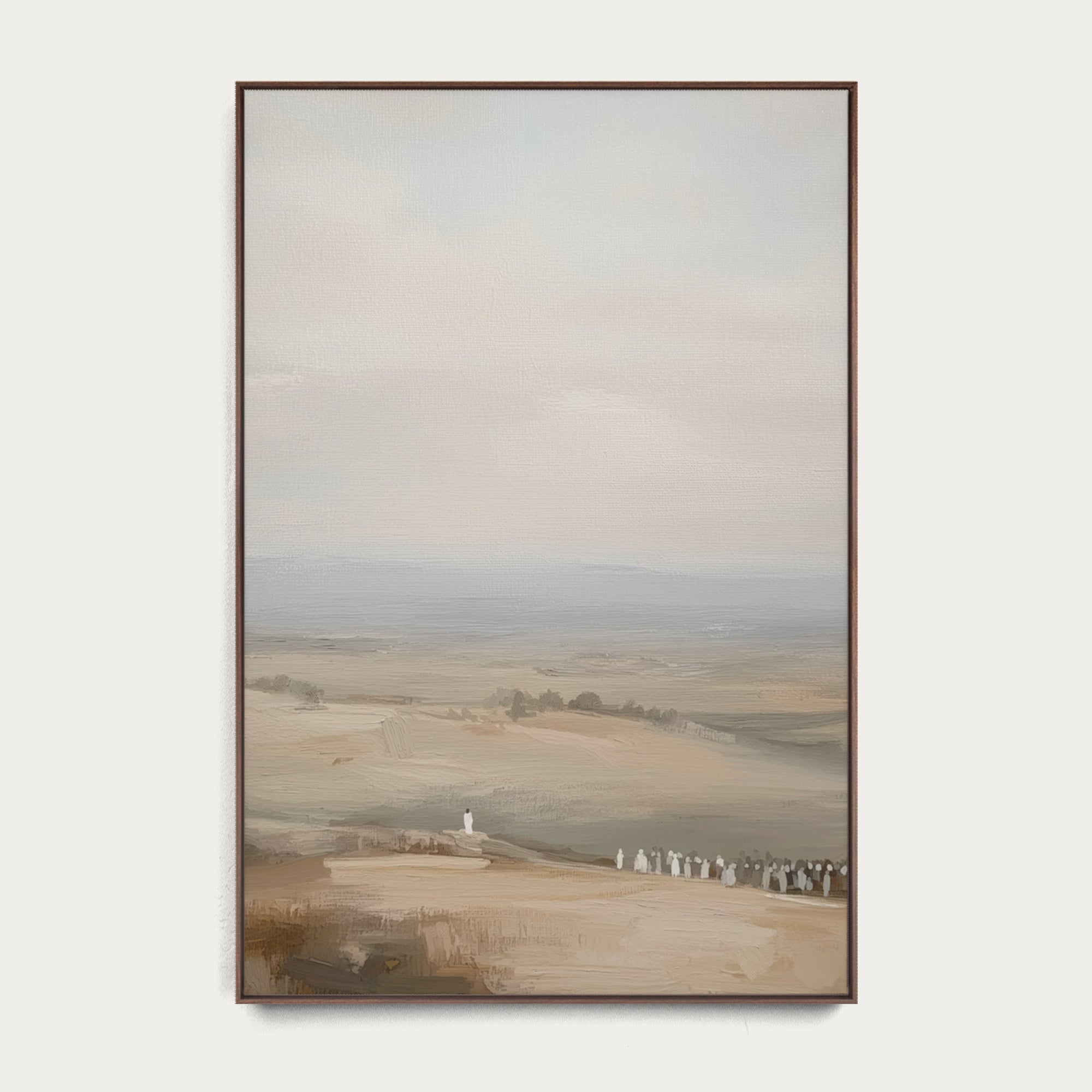 Framed landscape painting of a rural scene with fields and a distant building. 
