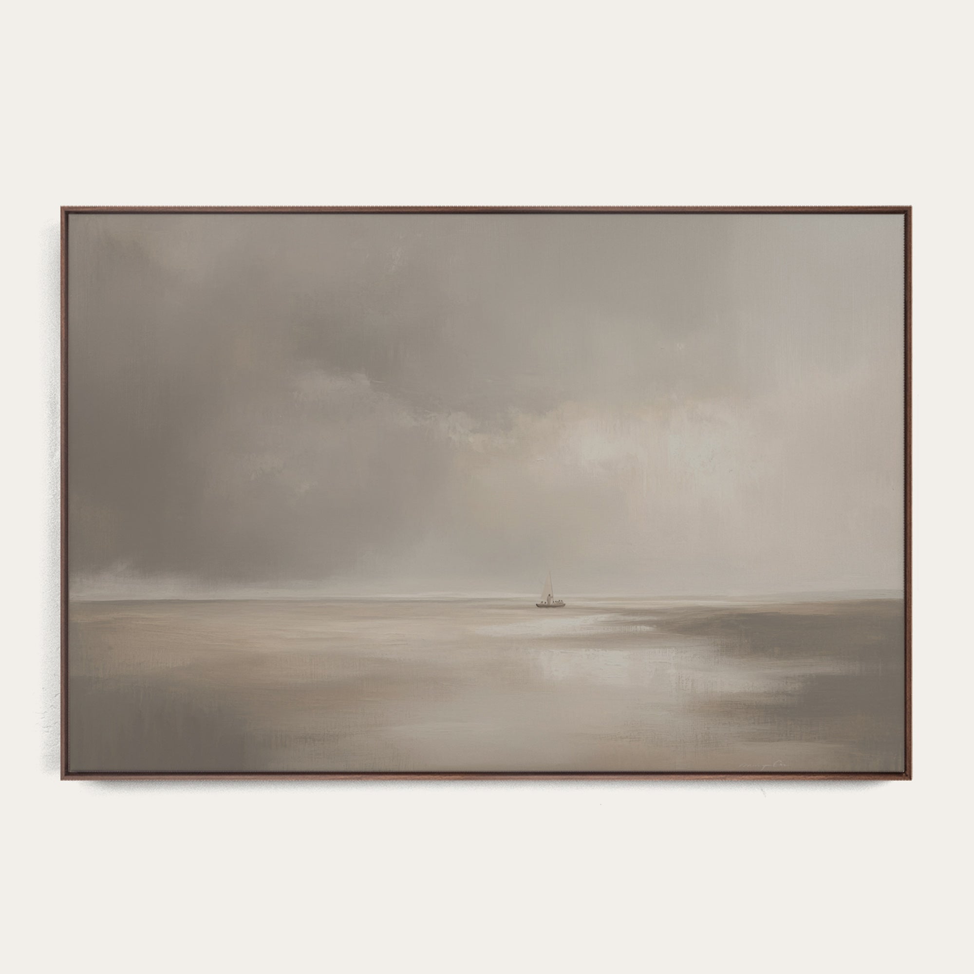 Framed artwork of a landscape with a boat on water under a cloudy sky. 
