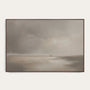 Framed artwork of a landscape with a boat on water under a cloudy sky. #Walnut