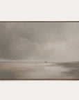 framed artwork of a landscape with a boat on water under a cloudy sky. 