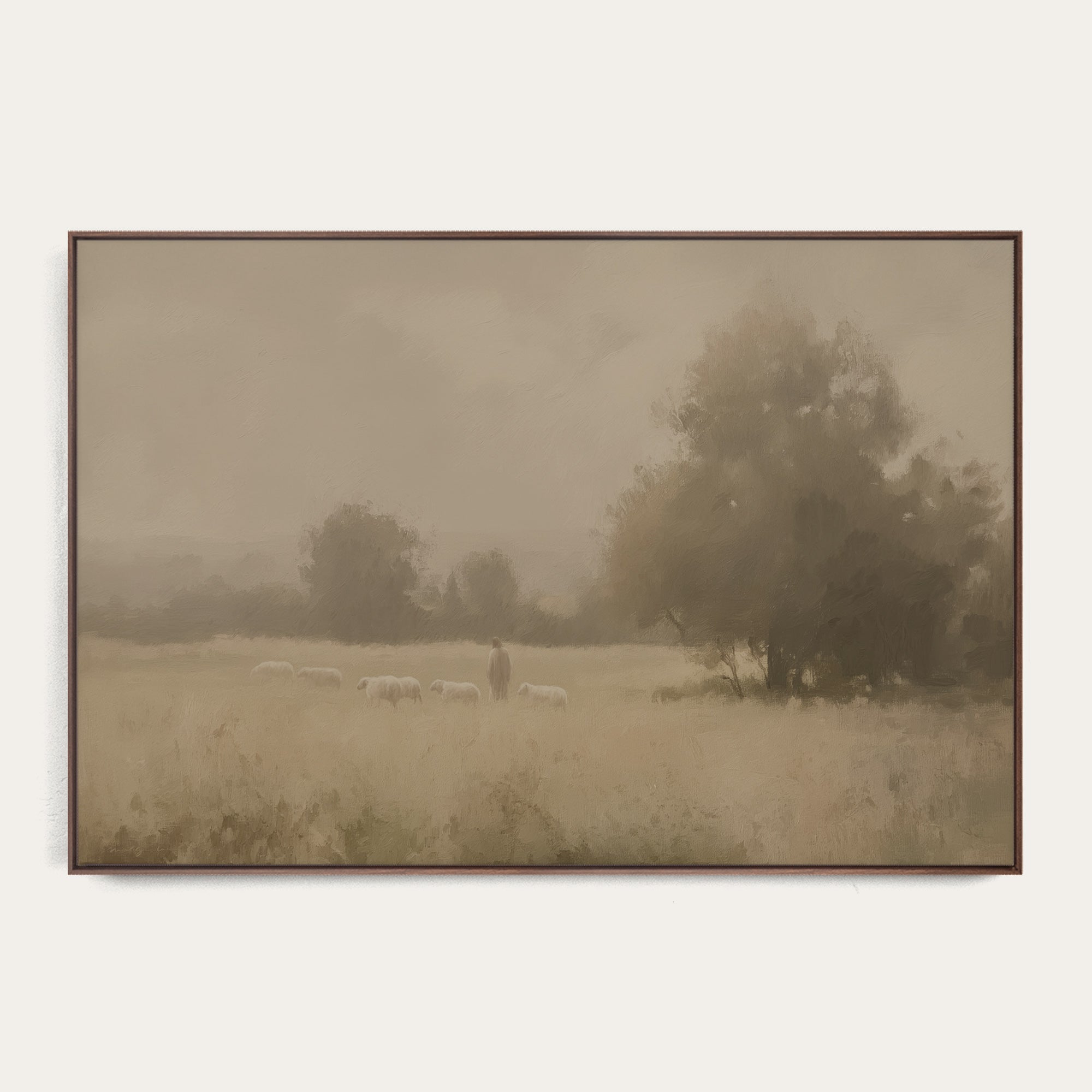 Framed artwork of a landscape with trees and a figure in a field. 