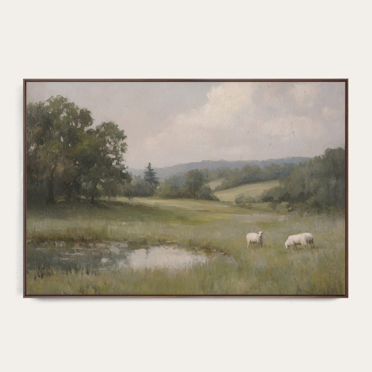 Framed painting of a pastoral scene with sheep in a field. 