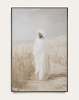 artistic depiction of a figure in a white robe standing in a field with a neutral background 