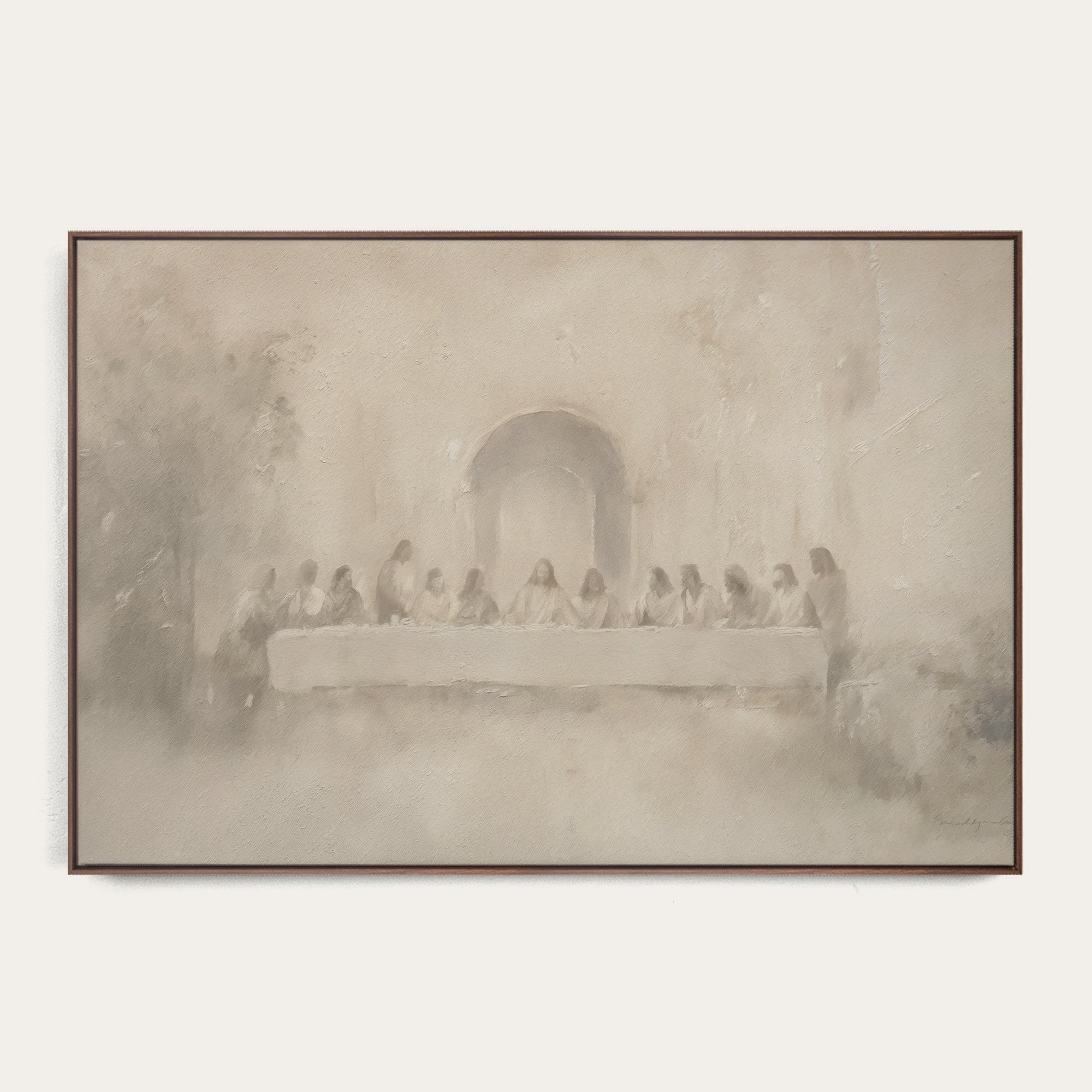Framed artwork of a classical scene with figures around a table, on a light background 