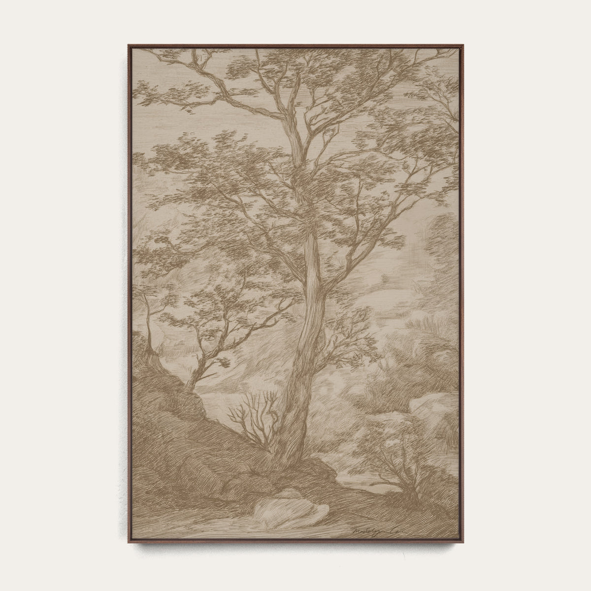 A framed landscape art print featuring a detailed sepia-toned sketch of a tree, rocks, and distant hills, presented on a light off-white background. 