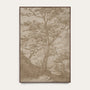 A framed landscape art print featuring a detailed sepia-toned sketch of a tree, rocks, and distant hills, presented on a light off-white background. #Walnut