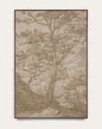 a framed landscape art print featuring a detailed sepia-toned sketch of a tree, rocks, and distant hills, presented on a light off-white background. 