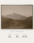 white mountains in a gold floater frame with its total framed size listed below: 42 inches wide, 32 inches high, and 0.75 inches deep. 