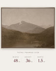 white mountains in a gold floater frame with its total framed size listed below: 48 inches wide, 36 inches high, and 1.5 inches deep. 