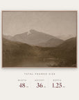 white mountains in a light oak floater frame with its total framed size listed below: 48 inches wide, 36 inches high, and 1.25 inches deep. 